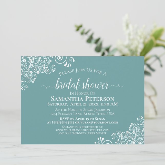 Frilly White Lace on Teal Elegant Bridal Shower Invitation (Standing Front)