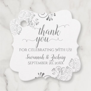 Frilly White & Silver Grey Wedding Thank You Favour Tags