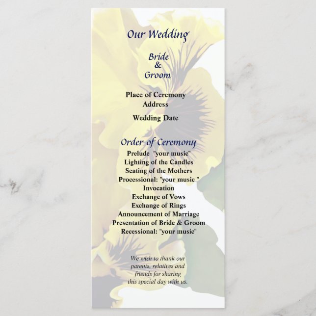 Frilly Yellow Pansies Wedding Program Programme (Front)