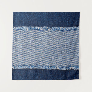 Fringed denim blue jeans frame. tapestry