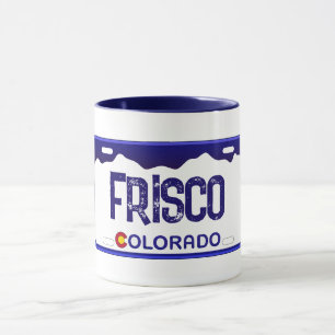 Frisco Colorado blue license plate mug