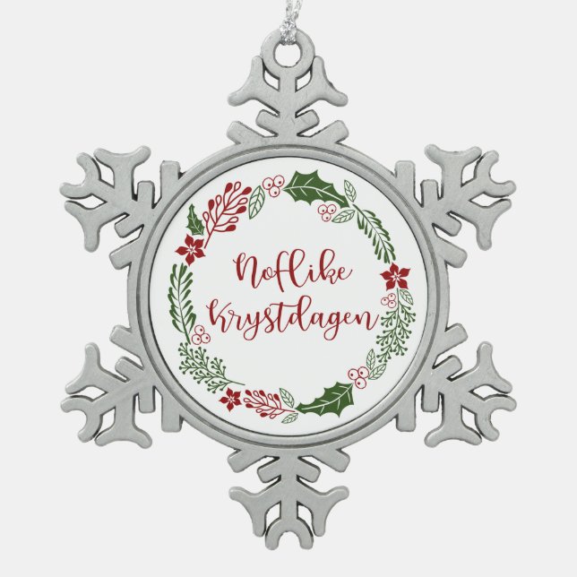Frisian Merry Christmas Wreath, Noflike Krystdagen Snowflake Pewter Christmas Ornament (Front)