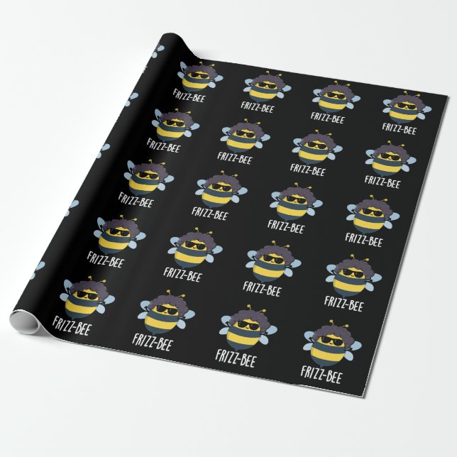 Frizz-Bee Funny Afro Bee Pun Dark BG Wrapping Paper (Unrolled)