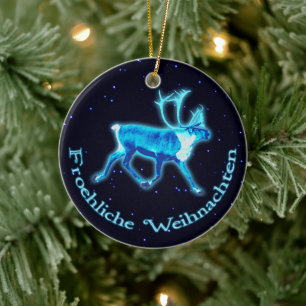 Froehliche Weihnachten - Blue Caribou (Reindeer) Ceramic Tree Decoration