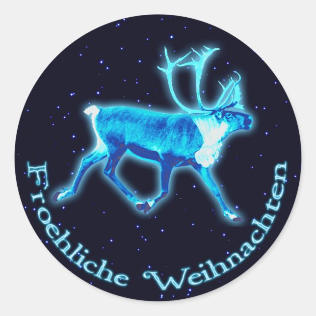 Froehliche Weihnachten - Blue Caribou (Reindeer) Classic Round Sticker (Front)