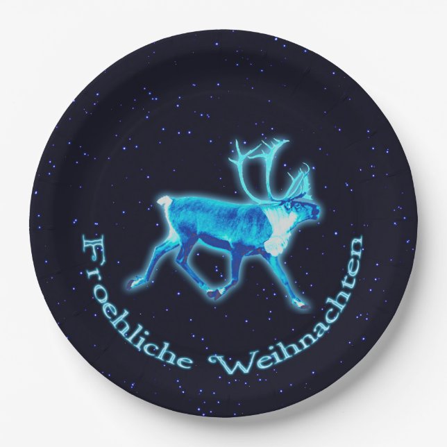Froehliche Weihnachten - Blue Caribou (Reindeer) Paper Plate (Front)