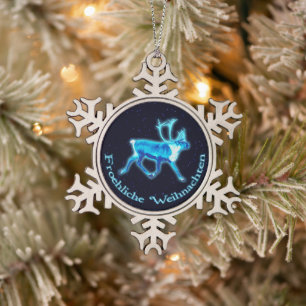 Froehliche Weihnachten - Blue Caribou (Reindeer) Snowflake Pewter Christmas Ornament