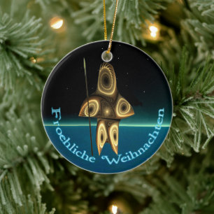 Froehliche Weihnachten - Fractal Inuit Hunter Ceramic Tree Decoration