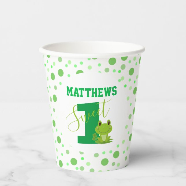 Frog 1st Birthday party Green Dots Cute toad Paper Cups (Front)