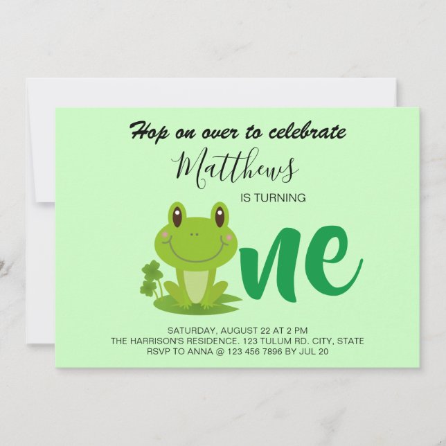 Frog 1st birthday party modern kids invitation (Front)