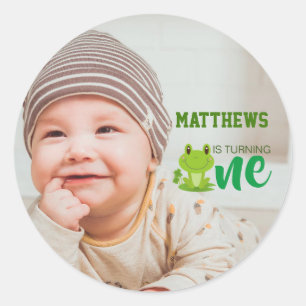 Frog 1st Birthday party Photo is turning one cute  Classic Round Sticker