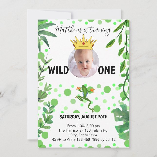 Frog 1st birthday prince baby kids party  invitation (Front)