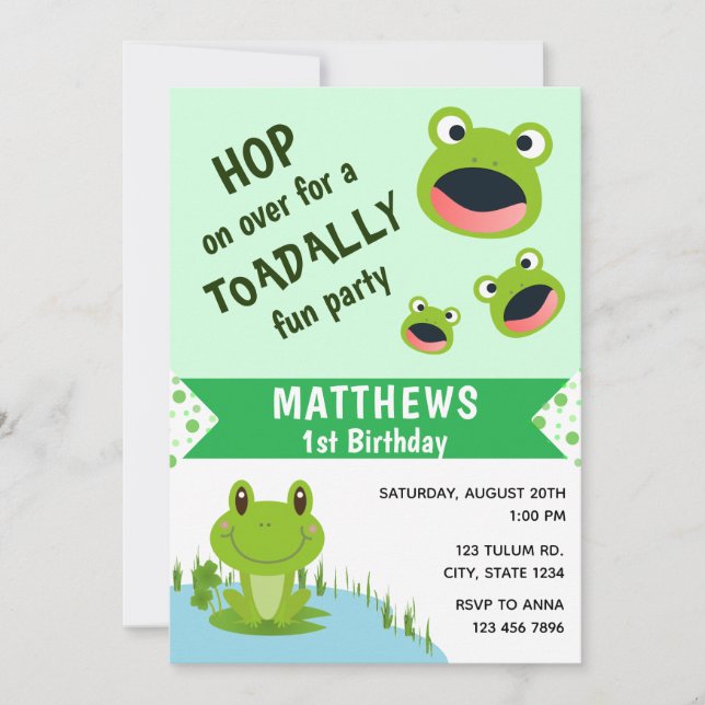 Frog 1st birthday Toadally Baby Party One year Invitation (Front)