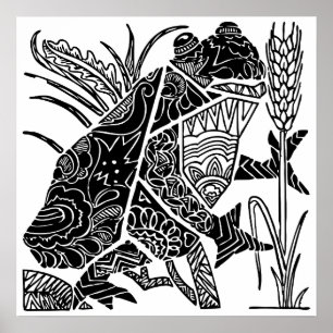 Frog abstract black and white tribal art poster