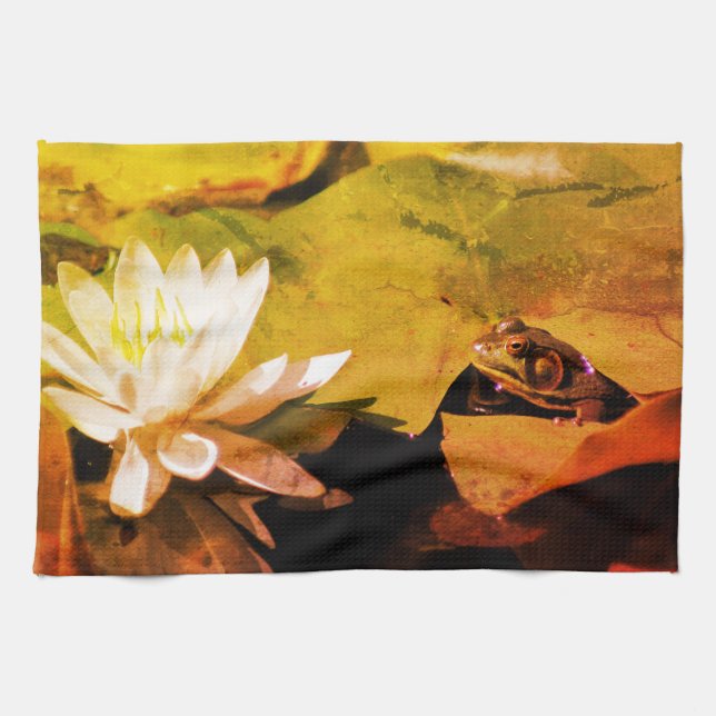 Frog Admiring Water Lily Abstract Distressed Tea Towel (Horizontal)