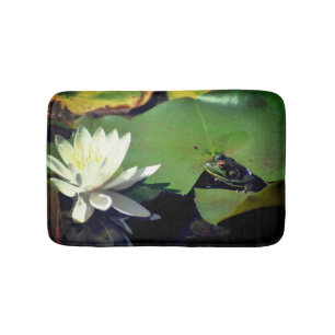 Frog Admiring Water Lily Lotus Flower  Bath Mat