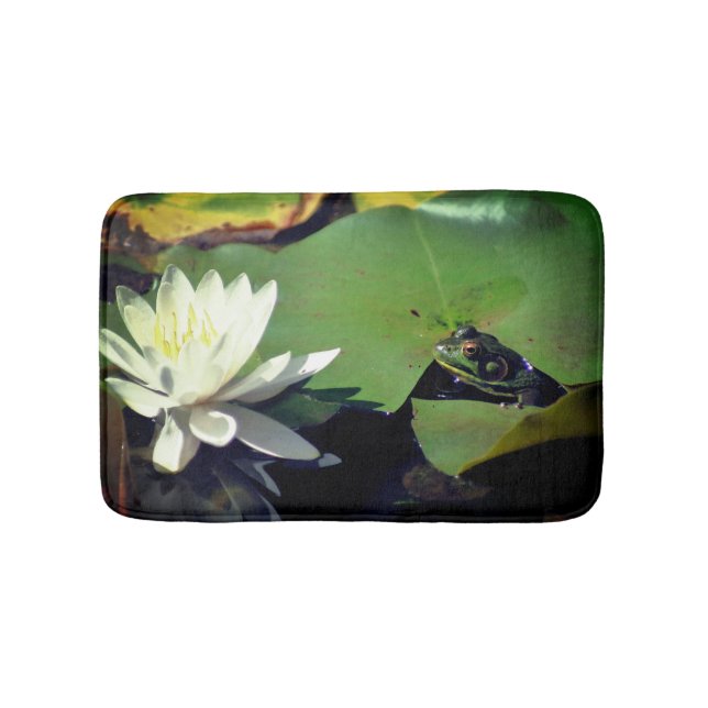 Frog Admiring Water Lily Lotus Flower  Bath Mat (Front)