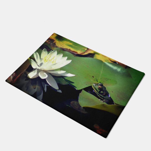 Frog Admiring Water Lily Lotus Flower Doormat (Angled)