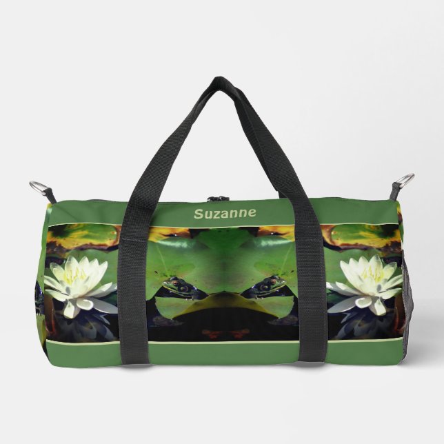 Frog Admiring Water Lily Personalised Duffle Bag (Front)