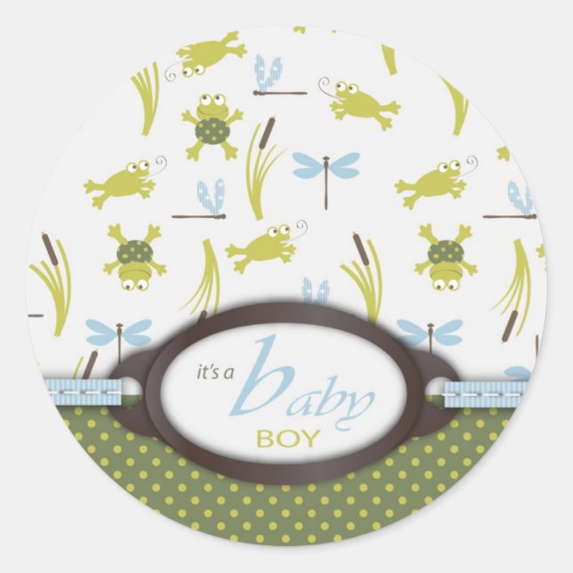 Frog and Dragonfly Baby Shower Classic Round Sticker (Front)