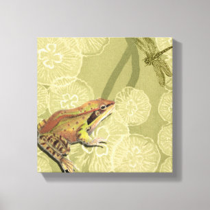 Frog and Dragonfly on Water Lilies Canvas Print