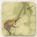 Frog and Dragonfly on Water Lilies Coaster<br><div class="desc">This contemporary fine art print of a frog and a dragonfly on water lilies will brighten any product you choose. Get it on your favourite Zazzle product today!</div>
