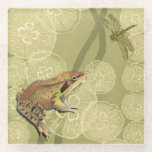 Frog and Dragonfly on Water Lilies Glass Coaster<br><div class="desc">This contemporary fine art print of a frog and a dragonfly on water lilies will brighten any product you choose. Get it on your favourite Zazzle product today!</div>