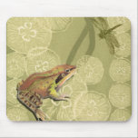 Frog and Dragonfly on Water Lilies Mouse Mat<br><div class="desc">This contemporary fine art print of a frog and a dragonfly on water lilies will brighten any product you choose. Get it on your favourite Zazzle product today!</div>