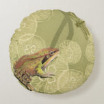 Frog and Dragonfly on Water Lilies Round Cushion<br><div class="desc">This contemporary fine art print of a frog and a dragonfly on water lilies will brighten any product you choose. Get it on your favourite Zazzle product today!</div>