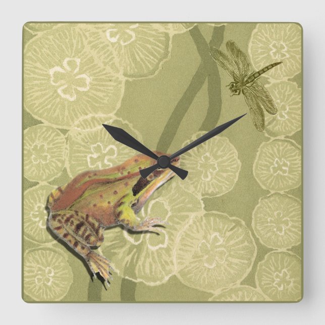 Frog and Dragonfly on Water Lilies Square Wall Clock (Front)