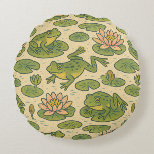 Frog and Lili pads Waterlilies Frogs Round Cushion