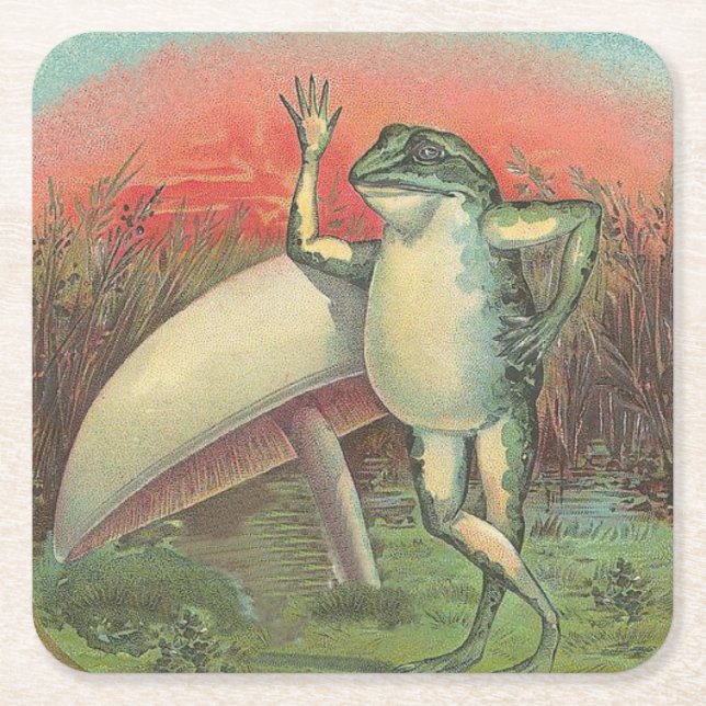 Frog and Mushroom Square Paper Coaster (Front)