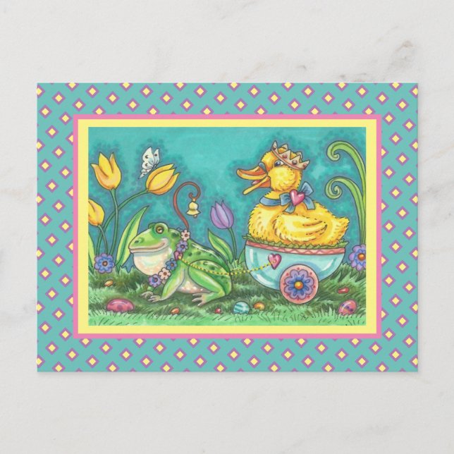 FROG AND ROYAL DUCKLING. WHIMSICAL EASTER POSTCARD (Front)