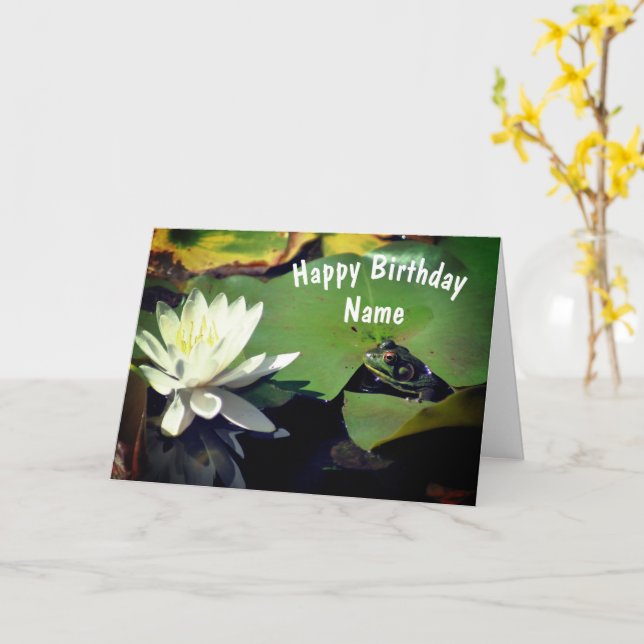 Frog And Water Lily Flower Personalised Birthday  Card (Yellow Flower)