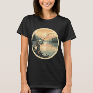 Frog Angler at Sunrise Lake Retro Fishing Design T-Shirt