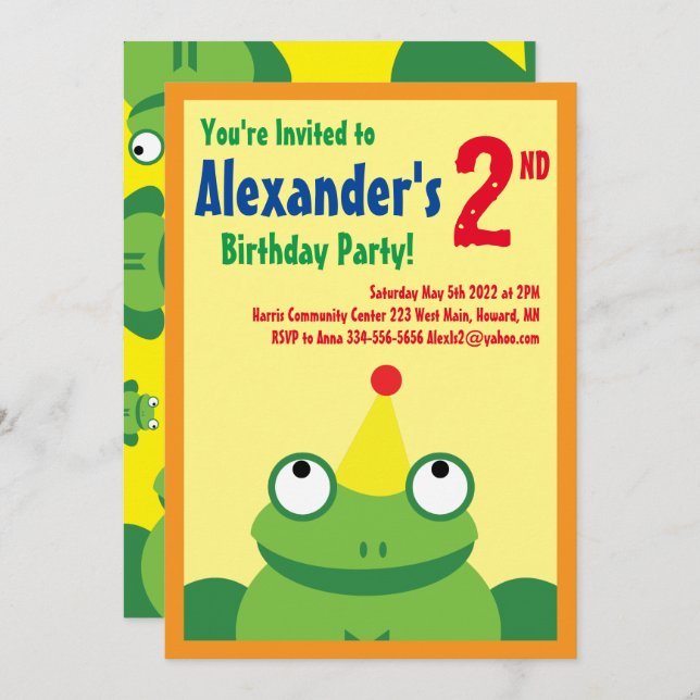 Frog Animal Kid's Birthday Party Invitations (Front/Back)
