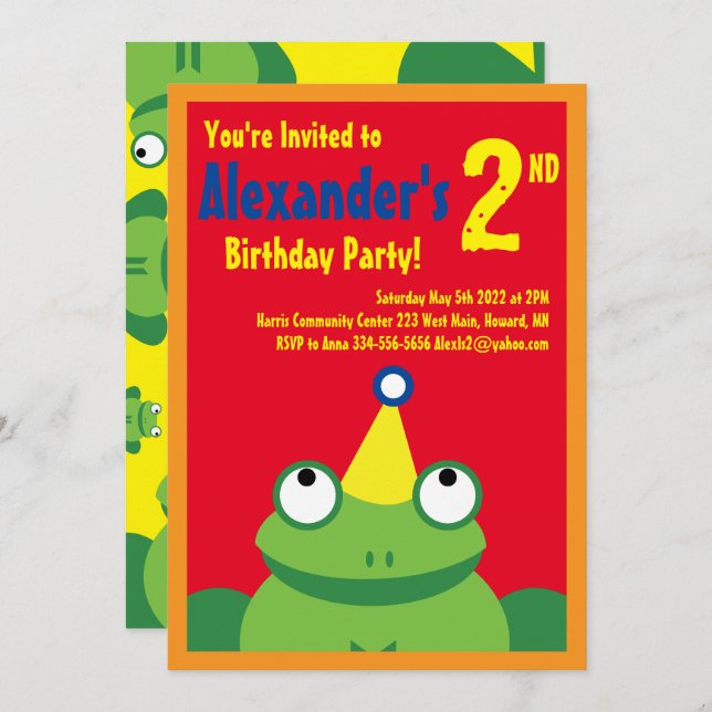 Frog Animal Kid's Birthday Party Invitations (Front/Back)