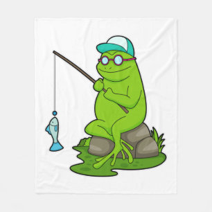 Frog as Fisher with Fishing rod & Fish Fleece Blanket