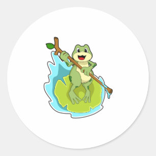 Frog as Hiker with Stick Classic Round Sticker