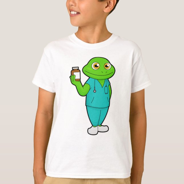 Frog as Nurse with Medicine & Stethoscope T-Shirt (Front)