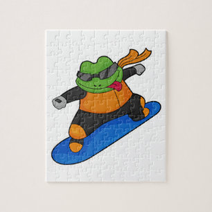 Frog as Snowobarder with Snowboard Jigsaw Puzzle