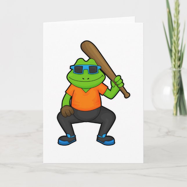 Frog at Baseball with Baseball bat & Sunglasses Card (Front)