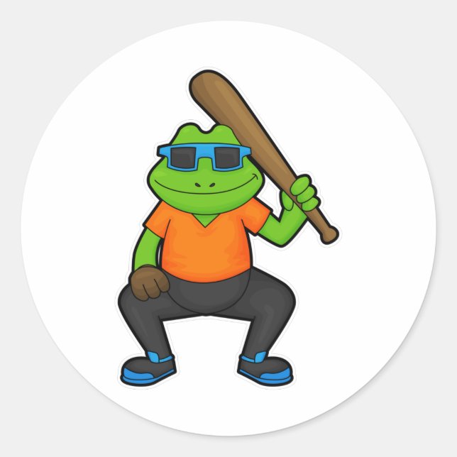 Frog at Baseball with Baseball bat & Sunglasses Classic Round Sticker (Front)