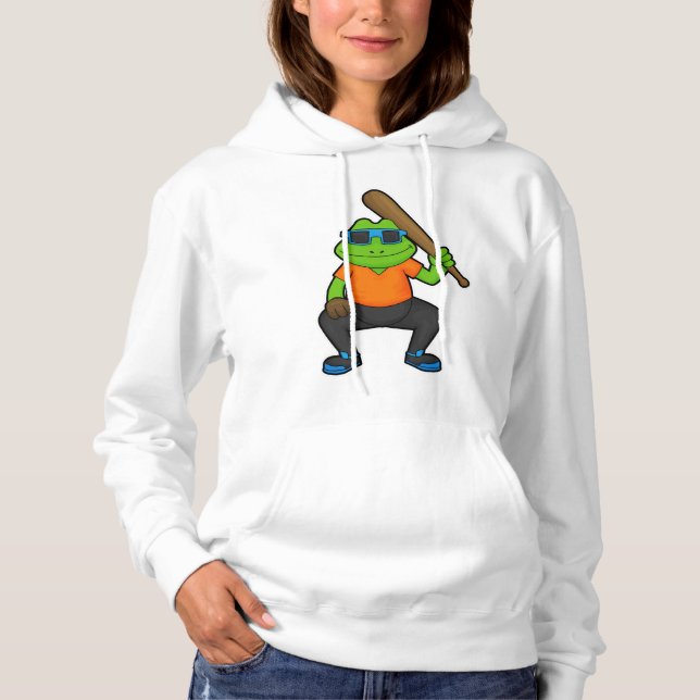 Frog at Baseball with Baseball bat & Sunglasses Hoodie (Front)