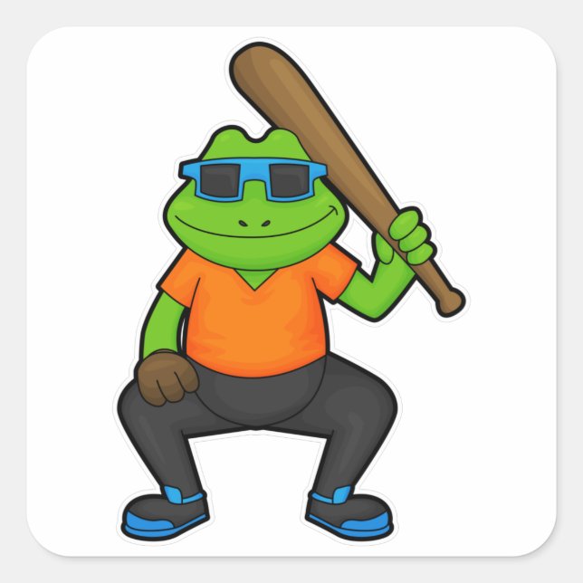 Frog at Baseball with Baseball bat & Sunglasses Square Sticker (Front)