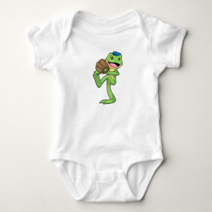 Frog at Baseball with Gloves Baby Bodysuit
