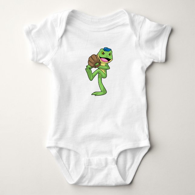 Frog at Baseball with Gloves Baby Bodysuit (Front)