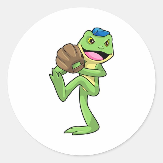 Frog at Baseball with Gloves Classic Round Sticker (Front)