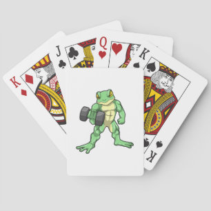 Frog at Bodybuilding with Dumbbell Playing Cards