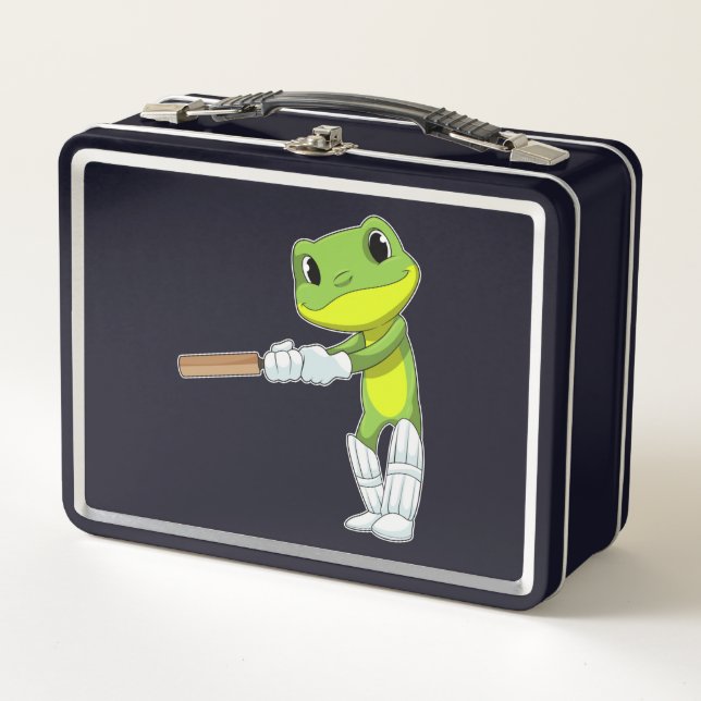 Frog at Cricket with Cricket bat Metal Lunch Box (Front)